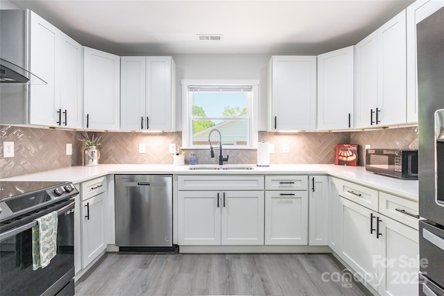 2116 Eastway Dr, Charlotte, NC 28205 - kitchen featuring appliances with stainless steel finishes, a sink, ventilation hood, light countertops, and white cabinets