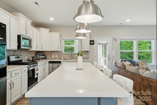 18619 Mainsail Ct, Lancaster, SC 29720 - kitchen with appliances with stainless steel finishes, wood finished floors, white cabinets, a center island, and a kitchen breakfast bar