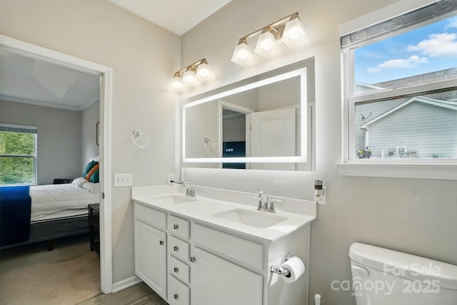 18619 Mainsail Ct, Lancaster, SC 29720 - ensuite bathroom with double vanity, toilet, ornamental molding, and baseboards