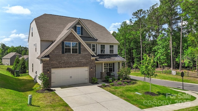 17637 Snug Harbor Rd, Charlotte, NC 28278 - view of front of property featuring driveway, brick siding, a garage, a shingled roof, and a standing seam roof