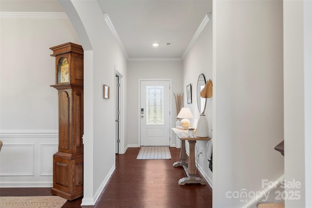 17637 Snug Harbor Rd, Charlotte, NC 28278 - entryway featuring dark wood-style flooring, arched walkways, and crown molding