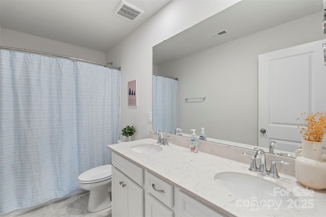 17637 Snug Harbor Rd, Charlotte, NC 28278 - bathroom with toilet, double vanity, and a shower with curtain