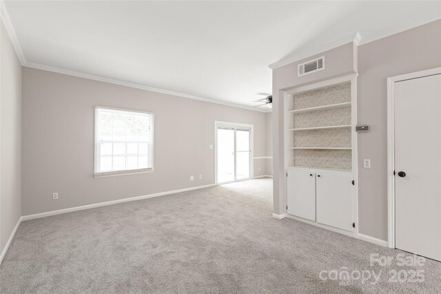5949 Quail Hollow Rd Unit E, Charlotte, NC 28210 - empty room with ornamental molding, a ceiling fan, light carpet, and baseboards