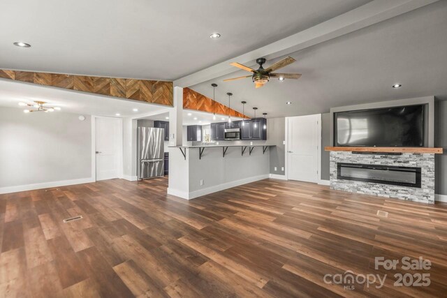 5354 Sherrills Ford Rd, Catawba, NC 28609 - unfurnished living room featuring a fireplace, baseboards, a ceiling fan, and dark wood-style flooring