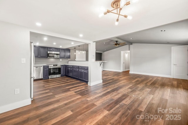 5354 Sherrills Ford Rd, Catawba, NC 28609 - kitchen featuring appliances with stainless steel finishes, open floor plan, light countertops, recessed lighting, and gray cabinetry