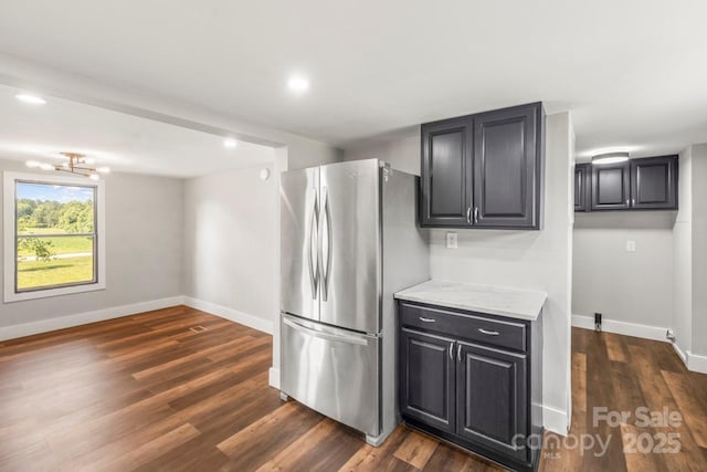 5354 Sherrills Ford Rd, Catawba, NC 28609 - kitchen with freestanding refrigerator, dark wood finished floors, baseboards, dark cabinets, and recessed lighting