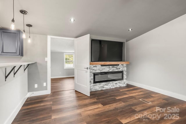 5354 Sherrills Ford Rd, Catawba, NC 28609 - unfurnished living room featuring baseboards, dark wood-style floors, a fireplace, and recessed lighting