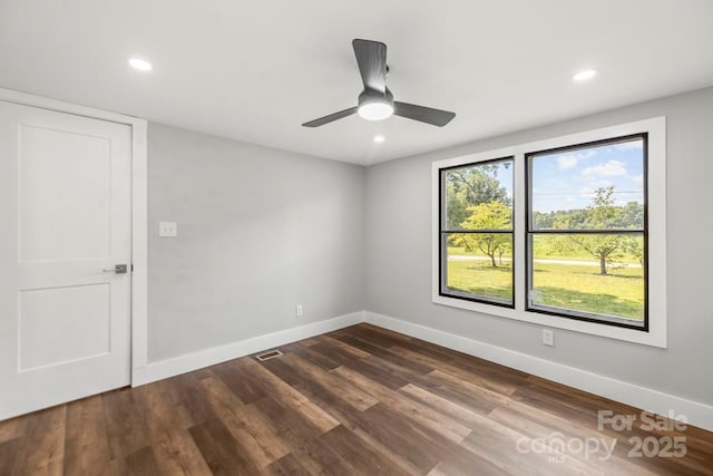 5354 Sherrills Ford Rd, Catawba, NC 28609 - unfurnished room with baseboards, recessed lighting, dark wood-type flooring, and ceiling fan