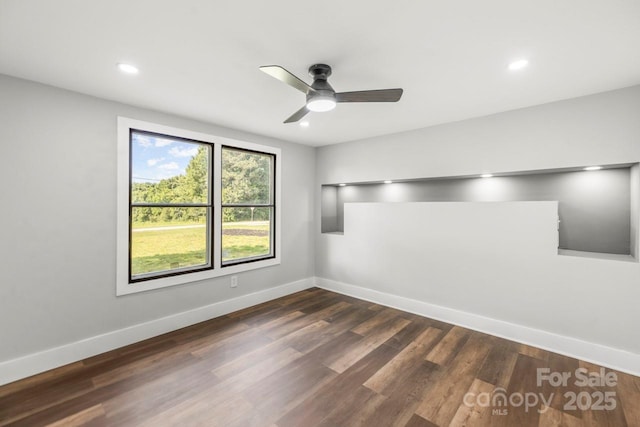 5354 Sherrills Ford Rd, Catawba, NC 28609 - unfurnished room with baseboards, ceiling fan, dark wood-style flooring, and recessed lighting