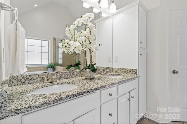 3831 Riceland Pl, Charlotte, NC 28216 - bathroom with double vanity, a chandelier, and lofted ceiling