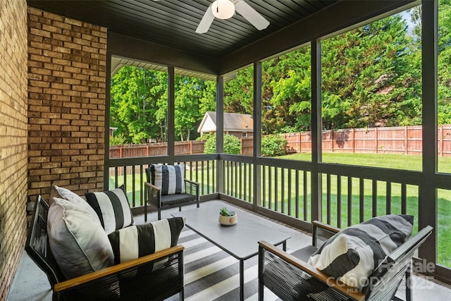 3831 Riceland Pl, Charlotte, NC 28216 - sunroom / solarium featuring ceiling fan, an outdoor living space, and healthy amount of natural light