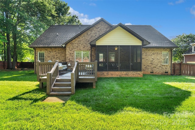 3831 Riceland Pl, Charlotte, NC 28216 - back of property featuring crawl space, brick siding, a fenced backyard, a sunroom, and a deck