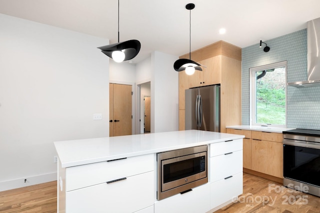33 Windago Rd, Weaverville, NC 28787 - kitchen featuring stainless steel appliances, modern cabinets, wall chimney exhaust hood, and light wood finished floors