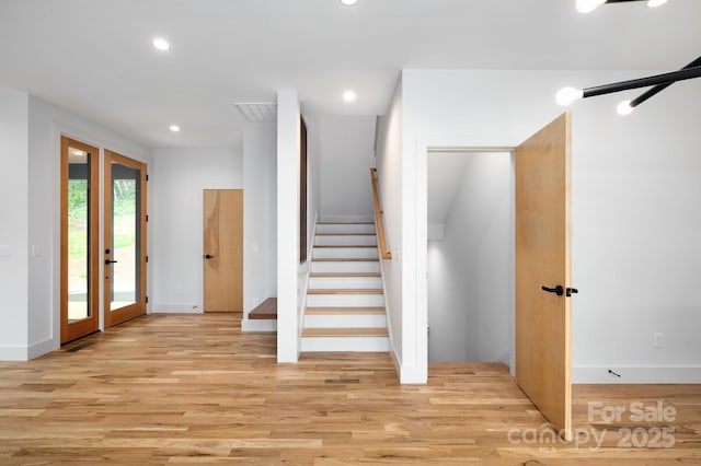 33 Windago Rd, Weaverville, NC 28787 - foyer entrance featuring stairs, light wood-style floors, recessed lighting, baseboards, and french doors
