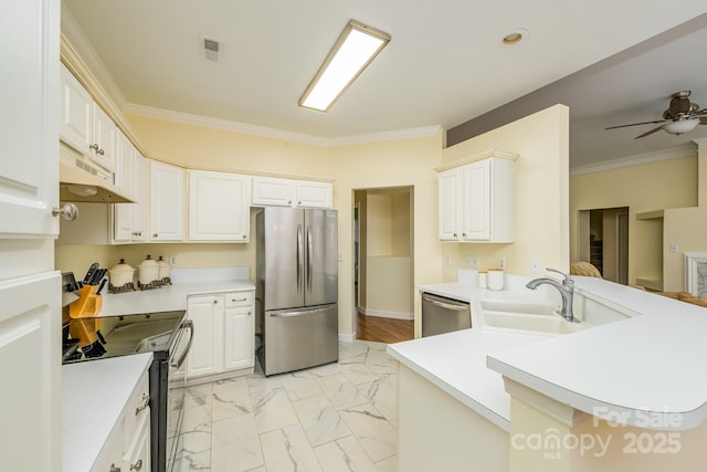 13402 Mccoy Rd, Huntersville, NC 28078 - kitchen with appliances with stainless steel finishes, under cabinet range hood, ornamental molding, ceiling fan, and light marble finish floors