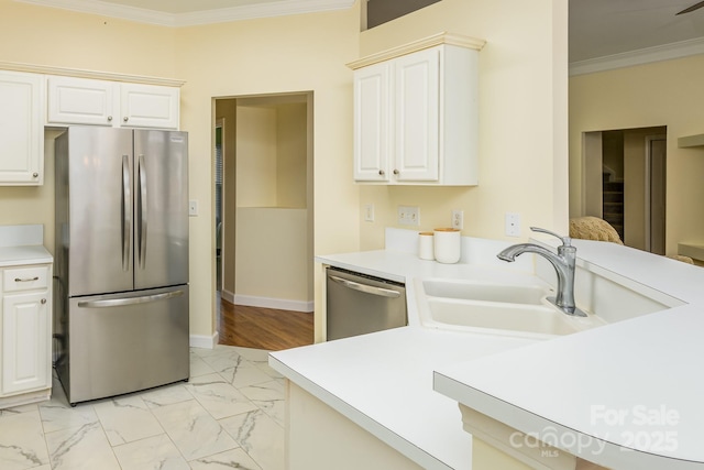 13402 Mccoy Rd, Huntersville, NC 28078 - kitchen with stainless steel appliances, crown molding, light marble finish floors, light countertops, and white cabinetry