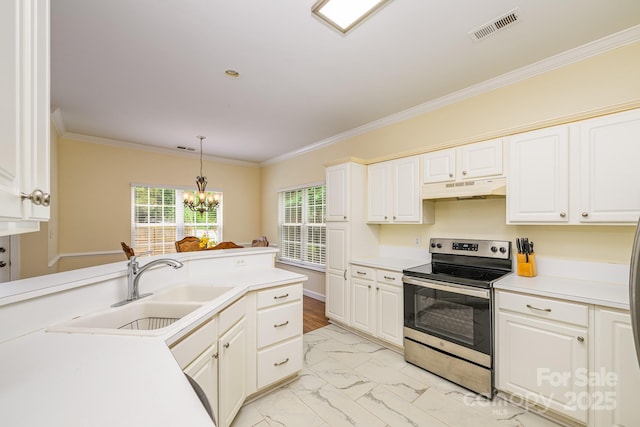 13402 Mccoy Rd, Huntersville, NC 28078 - kitchen featuring stainless steel electric range oven, under cabinet range hood, a chandelier, light marble finish floors, and light countertops