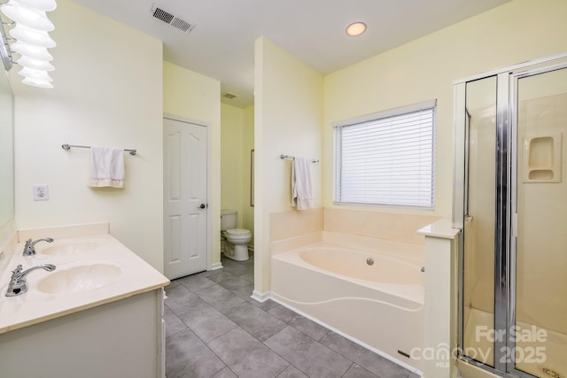 13402 Mccoy Rd, Huntersville, NC 28078 - bathroom with a bath, a stall shower, double vanity, tile patterned flooring, and recessed lighting