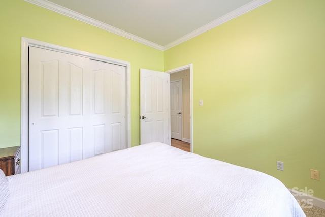 13402 Mccoy Rd, Huntersville, NC 28078 - bedroom featuring ornamental molding, a closet, and carpet flooring