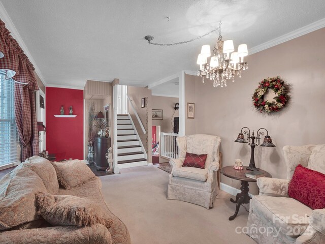 409 Ridge Rd, Clover, SC 29710 - carpeted living room with crown molding, stairway, a chandelier, a textured ceiling, and baseboards