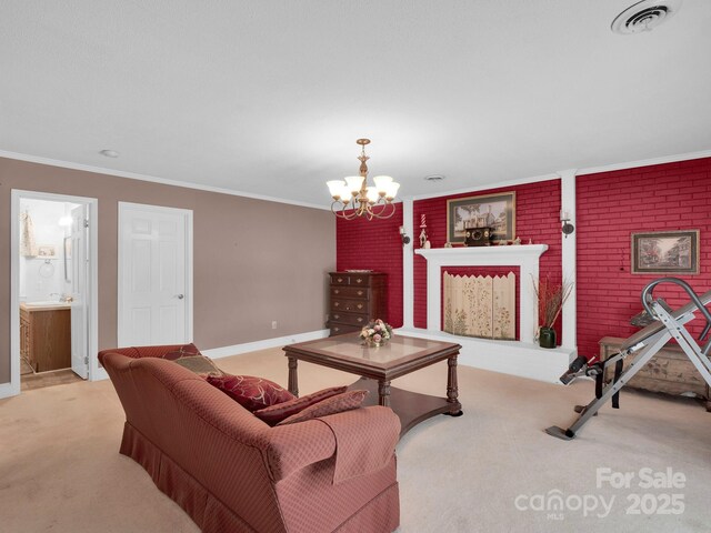 409 Ridge Rd, Clover, SC 29710 - living room featuring light carpet, a chandelier, ornamental molding, and baseboards