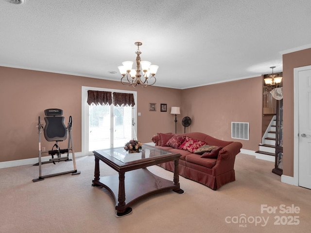 409 Ridge Rd, Clover, SC 29710 - living room with a chandelier, light carpet, stairs, a textured ceiling, and ornamental molding