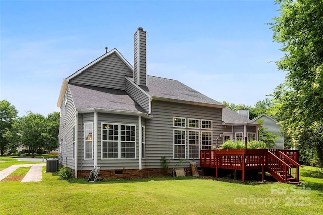 13832 Queenswater Ln, Charlotte, NC 28273 - back of house featuring a chimney, a wooden deck, and a lawn