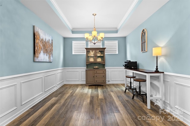 5059 Fenwick Ct, Lancaster, SC 29720 - office space with a raised ceiling, a chandelier, crown molding, a decorative wall, and dark wood-type flooring