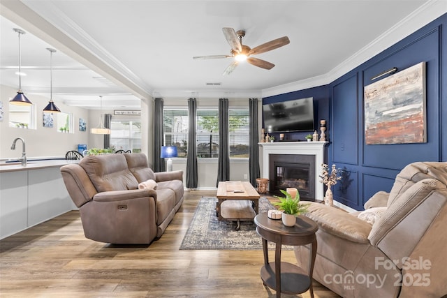 5059 Fenwick Ct, Lancaster, SC 29720 - living room with ceiling fan, a glass covered fireplace, ornamental molding, and light wood-type flooring
