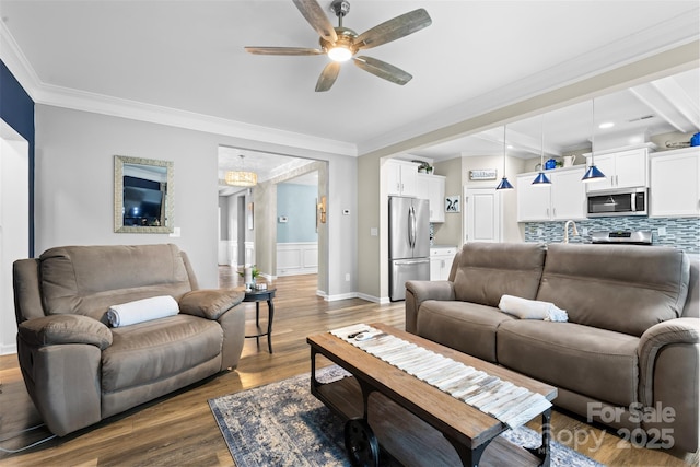 5059 Fenwick Ct, Lancaster, SC 29720 - living room with a ceiling fan, ornamental molding, and wood finished floors