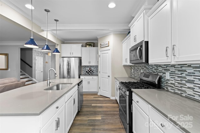 5059 Fenwick Ct, Lancaster, SC 29720 - kitchen with stainless steel appliances, white cabinetry, decorative light fixtures, recessed lighting, and dark wood-style floors