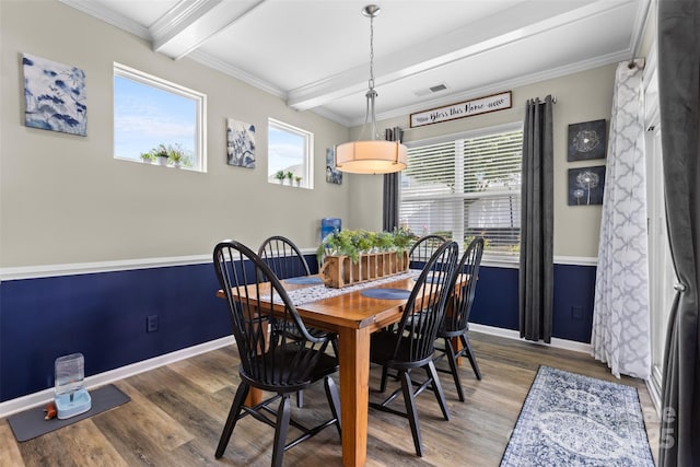 5059 Fenwick Ct, Lancaster, SC 29720 - dining room featuring beamed ceiling, wood finished floors, and crown molding