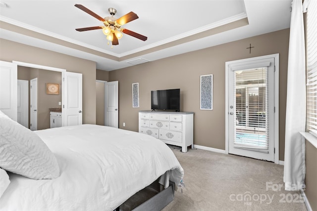 5059 Fenwick Ct, Lancaster, SC 29720 - bedroom featuring access to exterior, light colored carpet, ornamental molding, ensuite bath, and a ceiling fan