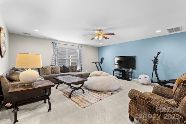 5059 Fenwick Ct, Lancaster, SC 29720 - living room featuring light colored carpet, a ceiling fan, and recessed lighting