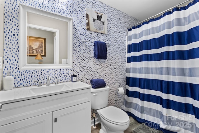 5059 Fenwick Ct, Lancaster, SC 29720 - bathroom featuring vanity, wallpapered walls, and a shower with curtain