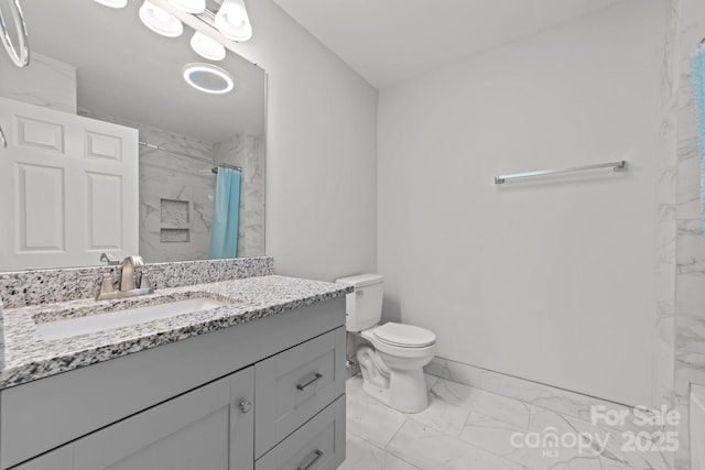 4918 Tyne Dr, Durham, NC 27703 - bathroom with marble finish flooring, vanity, toilet, and a shower with curtain