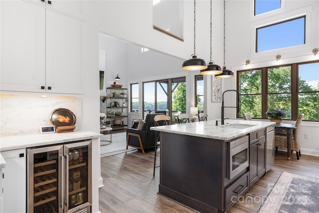 5888 Wood Duck Way, Catawba, NC 28609 - kitchen featuring wine cooler, a high ceiling, stainless steel appliances, plenty of natural light, and wood finished floors