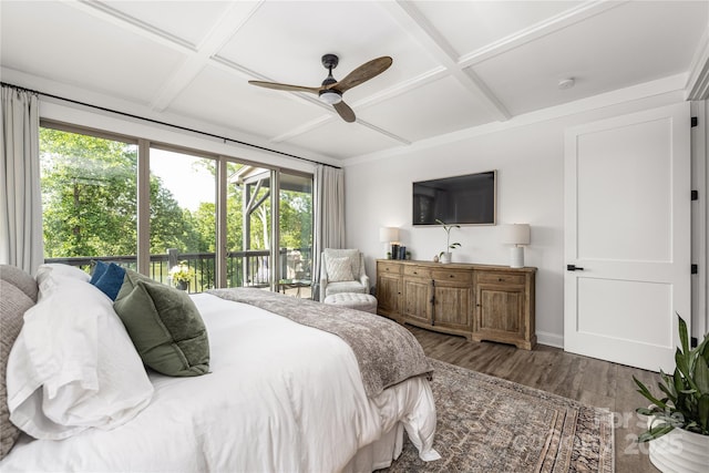 5888 Wood Duck Way, Catawba, NC 28609 - bedroom with coffered ceiling, multiple windows, wood finished floors, beamed ceiling, and ceiling fan