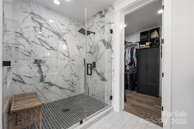 5888 Wood Duck Way, Catawba, NC 28609 - full bathroom featuring a marble finish shower, a walk in closet, marble finish flooring, and recessed lighting