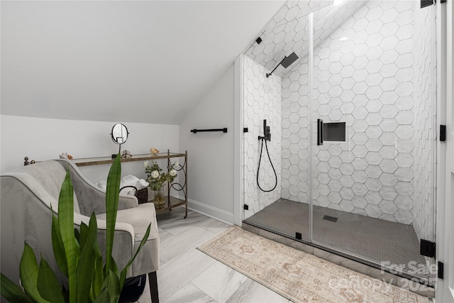 5888 Wood Duck Way, Catawba, NC 28609 - bathroom featuring a shower stall, vaulted ceiling, and marble finish flooring