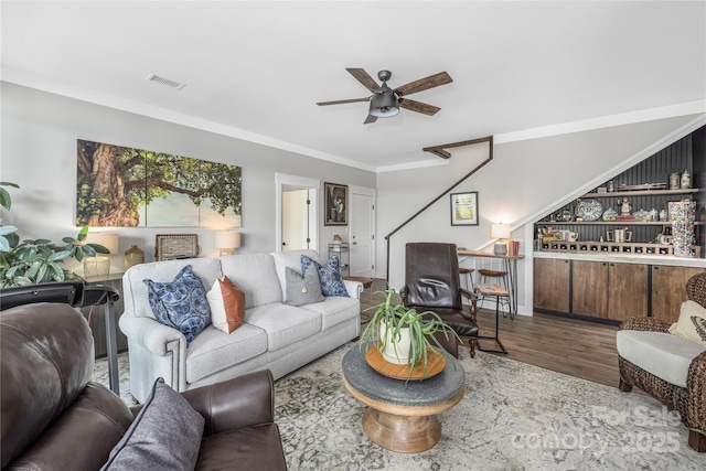 5888 Wood Duck Way, Catawba, NC 28609 - living area featuring a ceiling fan, wood finished floors, and ornamental molding