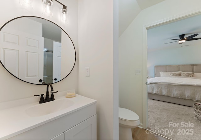 5229 Tarrywood Ln, Charlotte, NC 28205 - bathroom featuring vanity, toilet, a ceiling fan, wood finished floors, and ensuite bath