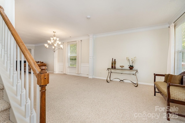 13622 Stringfellow Ln, Charlotte, NC 28278 - living area with carpet, crown molding, a chandelier, and stairs