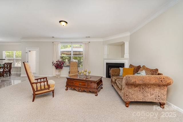 13622 Stringfellow Ln, Charlotte, NC 28278 - carpeted living room featuring ornamental molding and a fireplace
