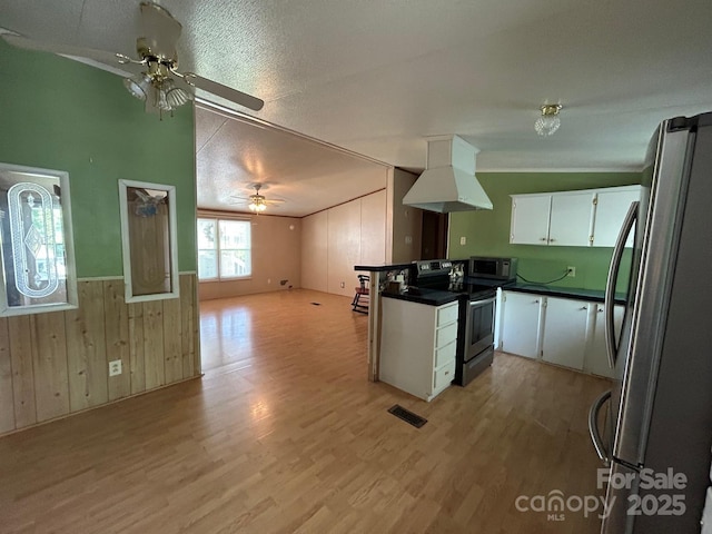 121 J F Morris Dr, Waynesville, NC 28786 - kitchen featuring stainless steel appliances, dark countertops, island exhaust hood, light wood-style floors, and a ceiling fan