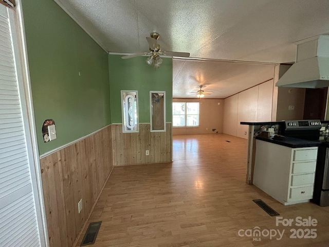 121 J F Morris Dr, Waynesville, NC 28786 - kitchen with stainless steel electric range, a ceiling fan, light wood-type flooring, ventilation hood, and wood walls