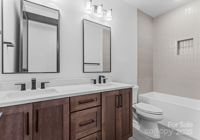 4117 Sarah Dr, Charlotte, NC 28217 - full bathroom with double vanity, tile patterned flooring, and washtub / shower combination