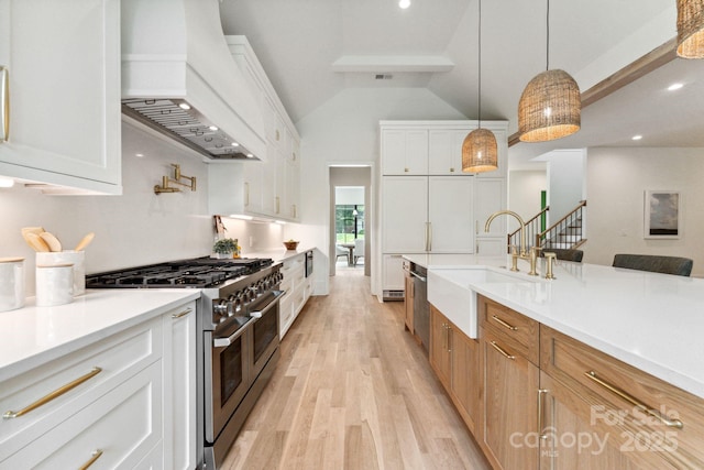 408 Ideal Way, Charlotte, NC 28203 - kitchen with appliances with stainless steel finishes, premium range hood, light wood finished floors, white cabinetry, and light countertops