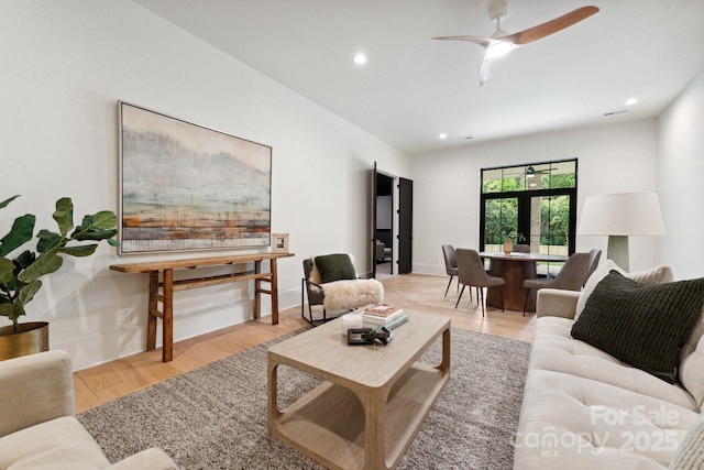 408 Ideal Way, Charlotte, NC 28203 - living area with recessed lighting, light wood-style floors, ceiling fan, and french doors