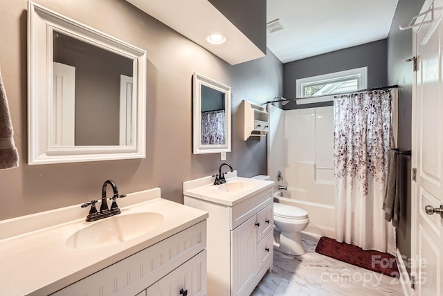 18732 Coachmans Trce, Cornelius, NC 28031 - full bath with marble look tile flooring, two vanities, shower / bath combination with curtain, and recessed lighting